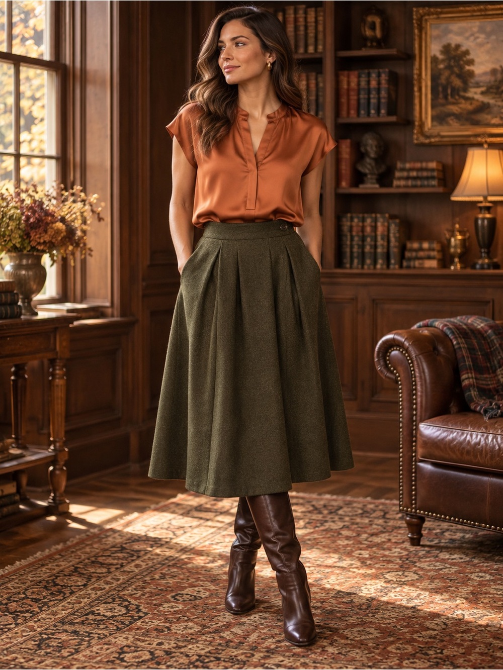 RACHEL Copper Satin Flutter Sleeve Blouse Split Neck Curved Hem